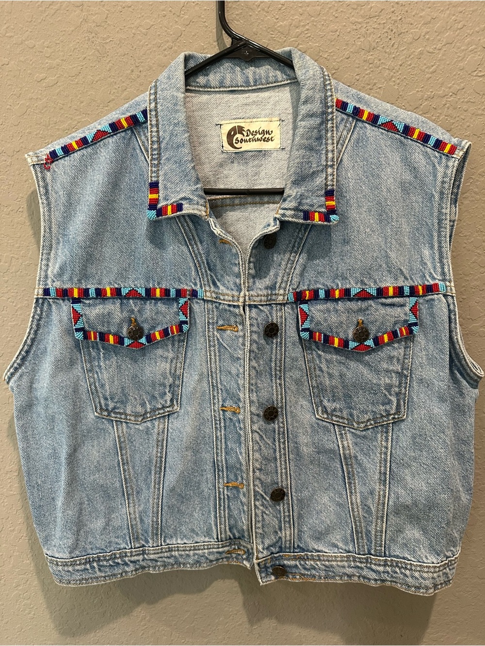 Design Southwest Sunbelt Denim Vest With Geometric Aztec Beaded Detail Sz M-L